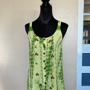 Earthy boho green tie dye maxi dress with embroidered details